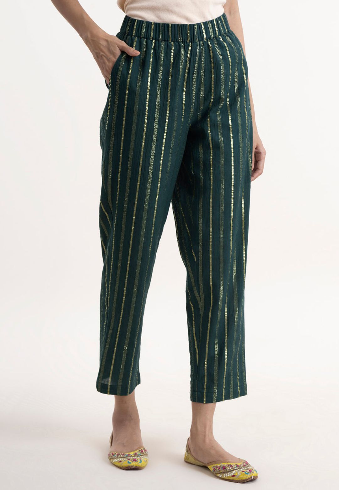 GREEN GOLD STRIPE COTTON LUREX SUIT SET