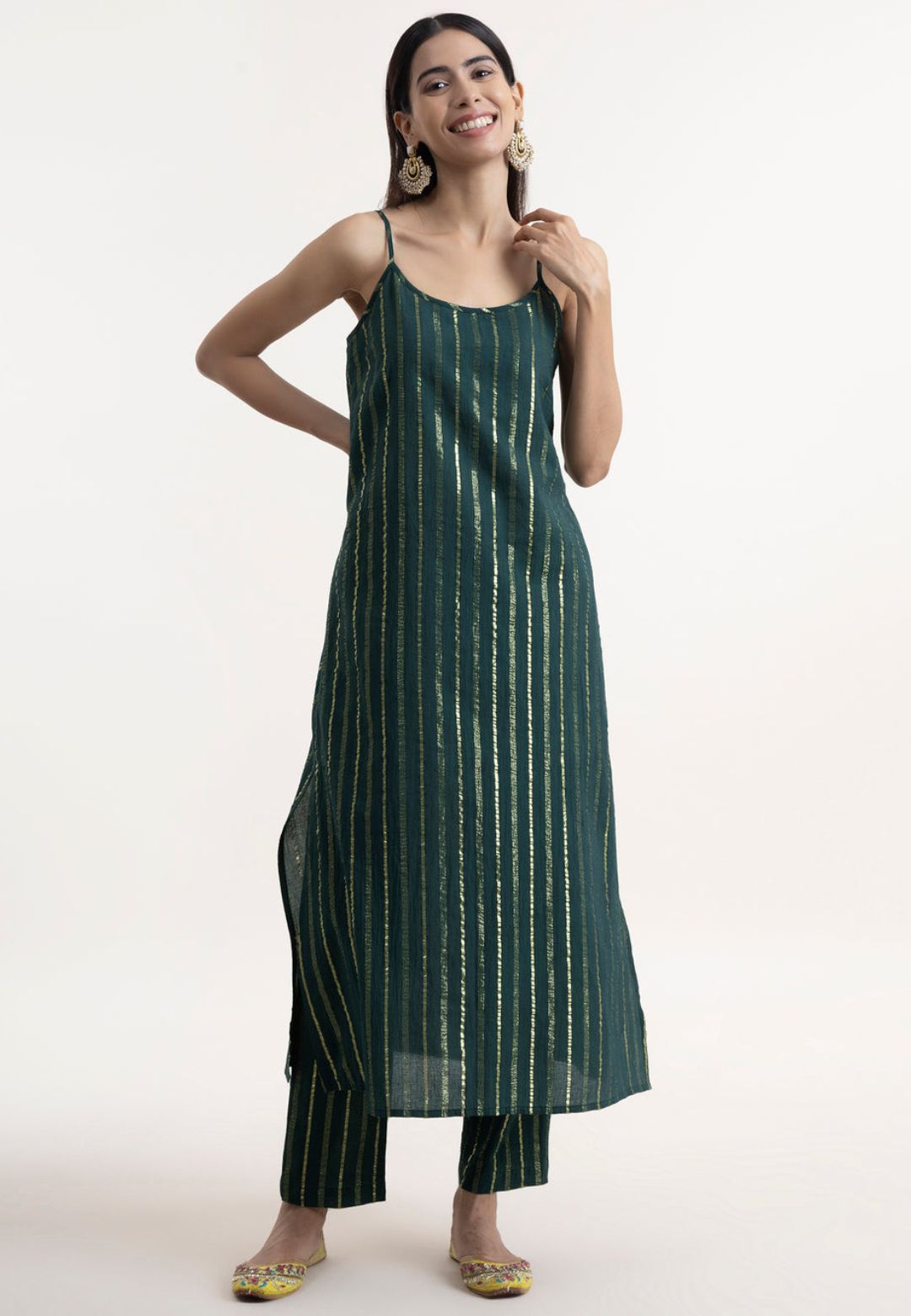 GREEN GOLD STRIPE COTTON LUREX SUIT SET