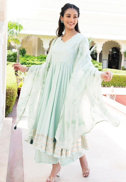 MINT GREEN DHOBBY COTTON ANARKALI SUIT SET