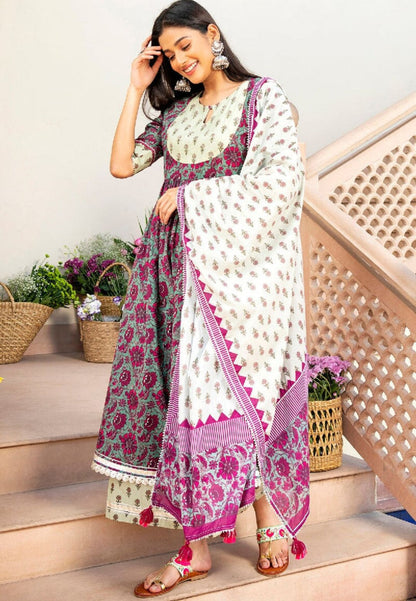 FLOWY GREEN RED COTTON ANARKALI SUIT SET