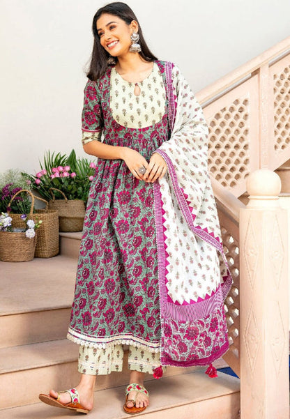 FLOWY GREEN RED COTTON ANARKALI SUIT SET