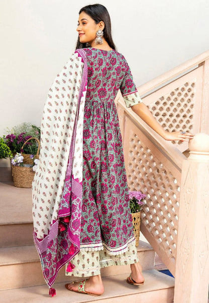 FLOWY GREEN RED COTTON ANARKALI SUIT SET