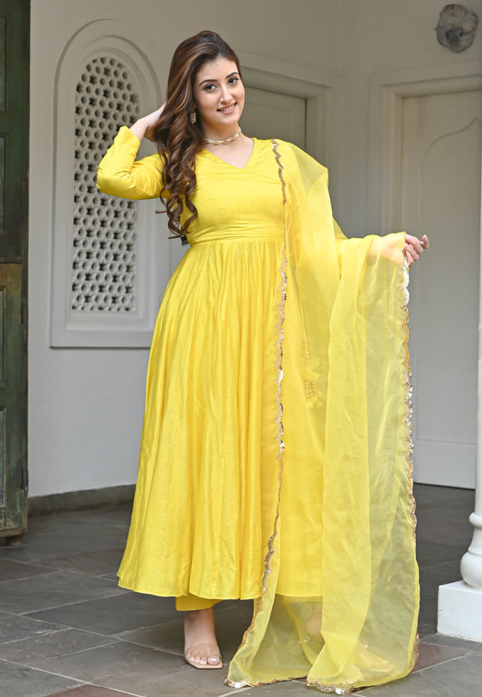 YELLOW CHANDERI SILK ANARKALI SET