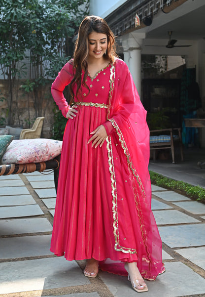 PINK GOLDEN ANARKALI SUIT SET