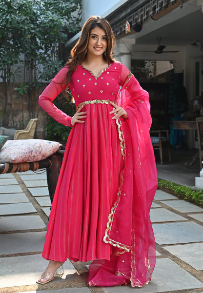 PINK GOLDEN ANARKALI SUIT SET