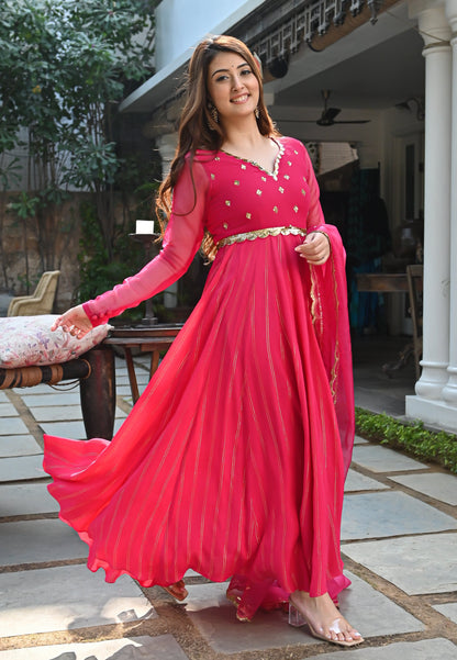 PINK GOLDEN ANARKALI SUIT SET