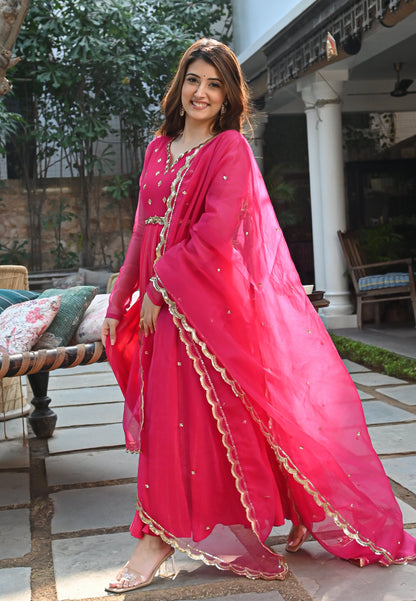 PINK GOLDEN ANARKALI SUIT SET