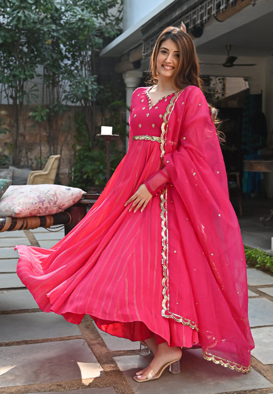 PINK GOLDEN ANARKALI SUIT SET