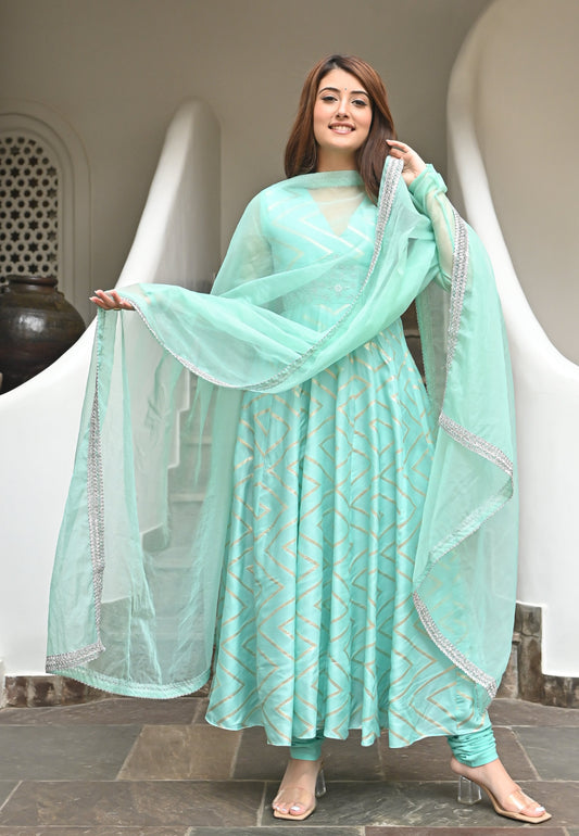 BLUE ZARDOSI CHANDERI ANARKALI SET
