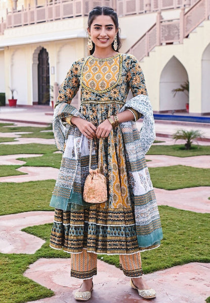 YELLOW  GREEN SURAJ ANARKALI SUIT SET