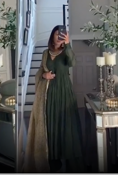OLIVE GREEN CHANDERI ANARKALI SUIT SET