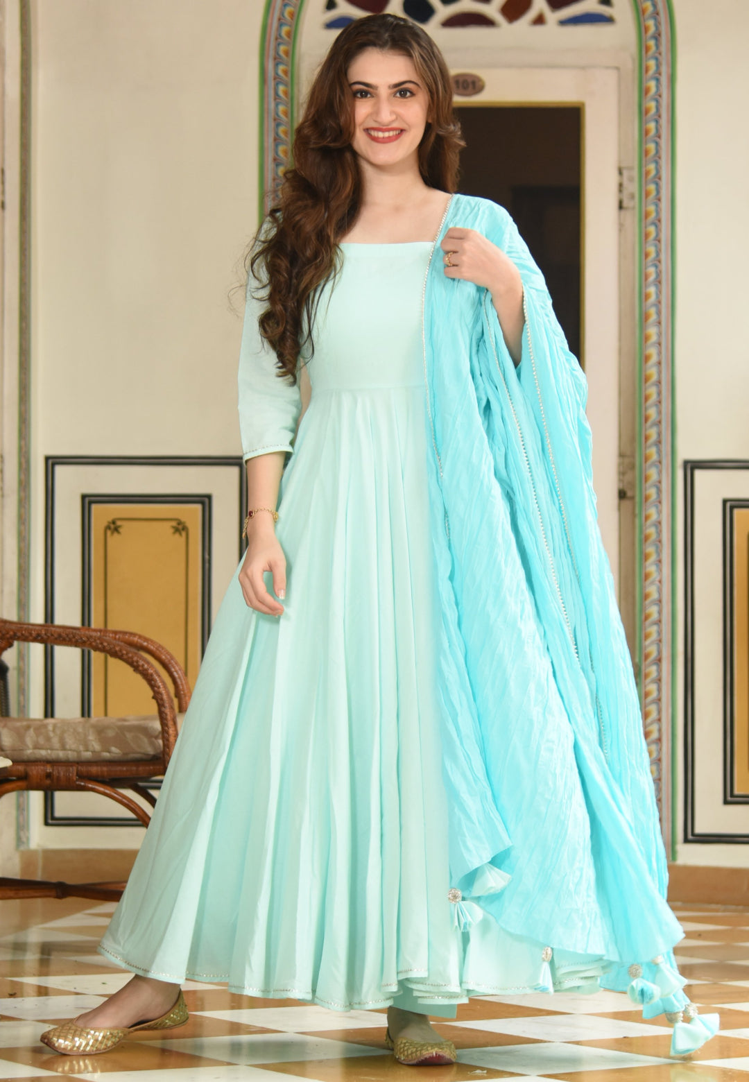 SOOTHING BLUE PLAIN ANARKALI  SUIT SET - Avino Atelier 