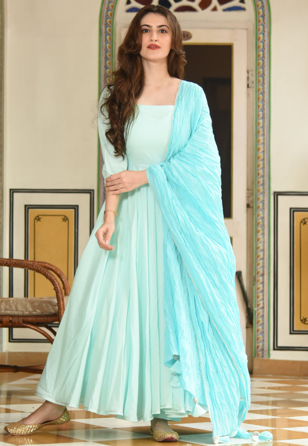 SOOTHING BLUE PLAIN ANARKALI  SUIT SET - Avino Atelier 