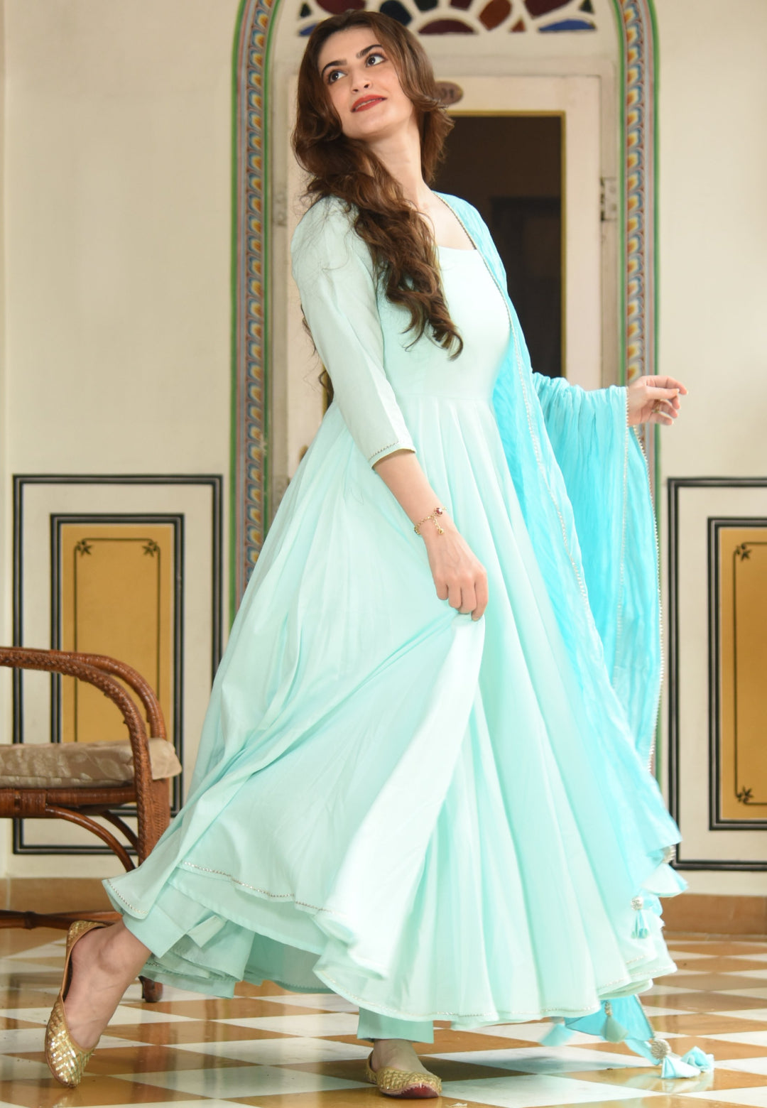 SOOTHING BLUE PLAIN ANARKALI  SUIT SET - Avino Atelier 