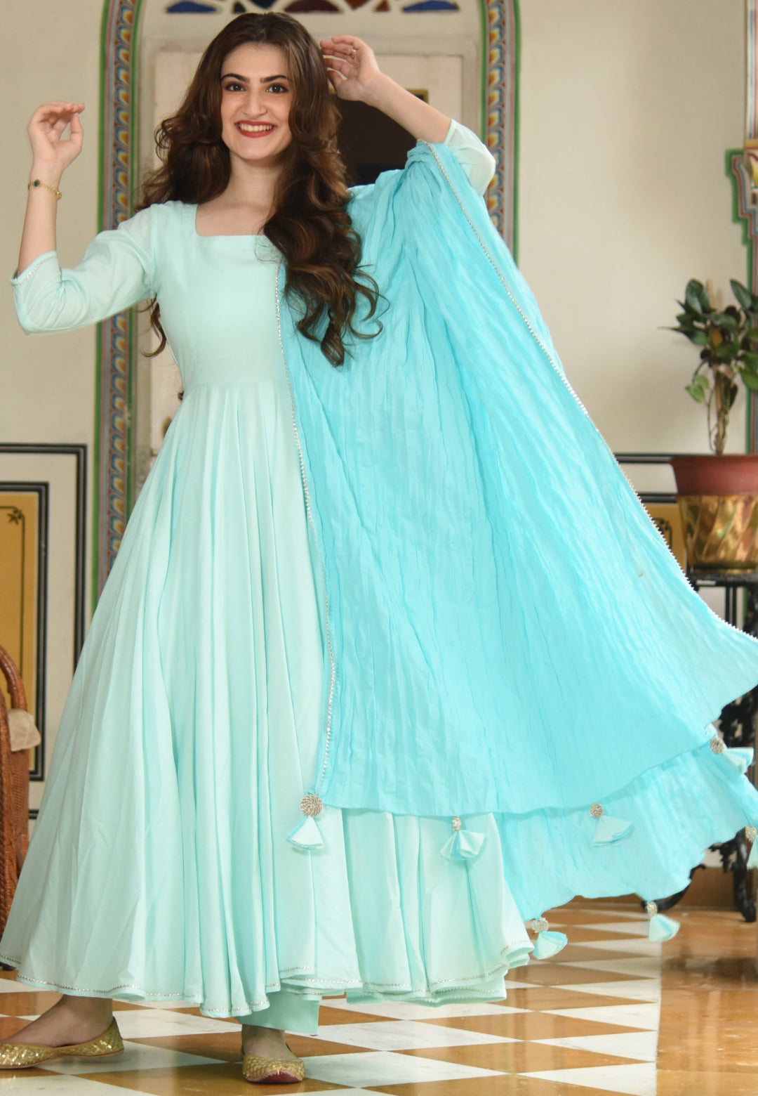 SOOTHING BLUE PLAIN ANARKALI  SUIT SET - Avino Atelier 