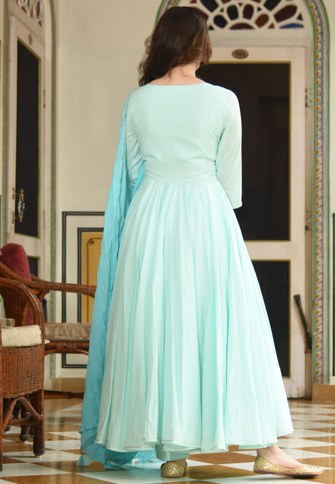 SOOTHING BLUE PLAIN ANARKALI  SUIT SET - Avino Atelier 