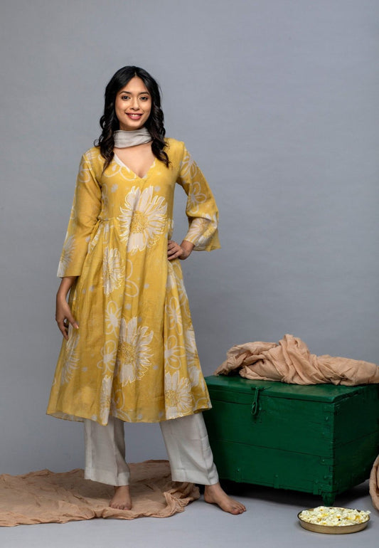 MUSTARD GREY PRINTED FLORAL CHANDERI SUIT SET