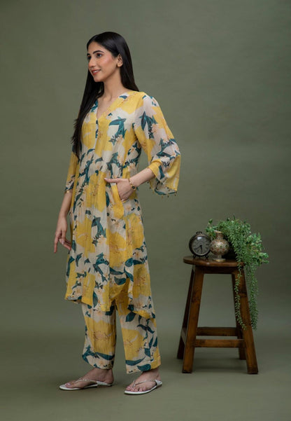 YELLOW PRINTED CHANDERI COORD SET
