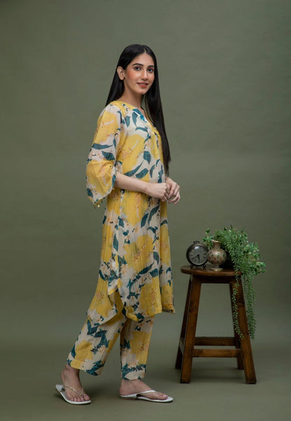 YELLOW PRINTED CHANDERI COORD SET