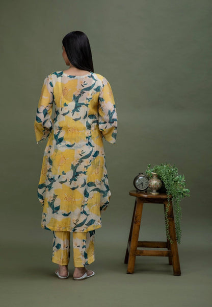 YELLOW PRINTED CHANDERI COORD SET
