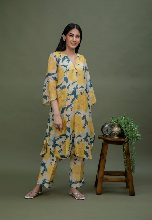 YELLOW PRINTED CHANDERI COORD SET