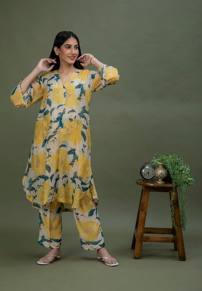 YELLOW PRINTED CHANDERI COORD SET
