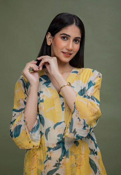 YELLOW PRINTED CHANDERI COORD SET