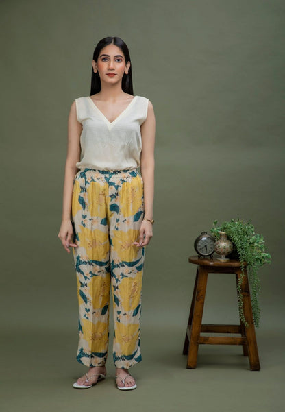 YELLOW PRINTED CHANDERI COORD SET