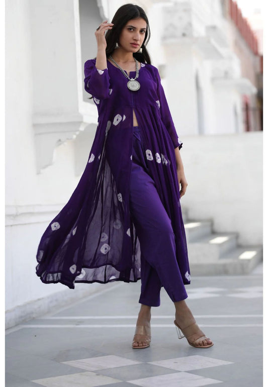 PURPLE LEHERIYA BANDHEJ KURTA SET