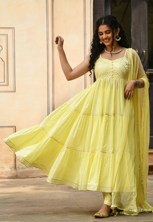 PASTEL YELLOW TIERED ANARKALI SUIT SET