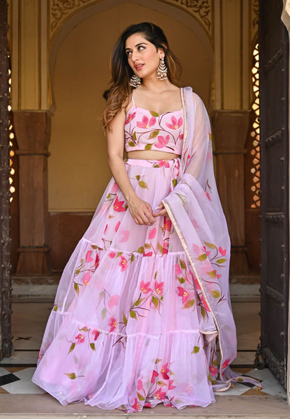 BABY PINK HANDPAINTED ORGANZA LEHENGA SET