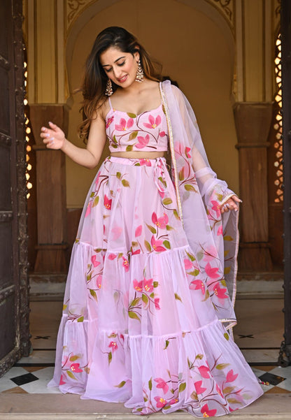 BABY PINK HANDPAINTED ORGANZA LEHENGA SET