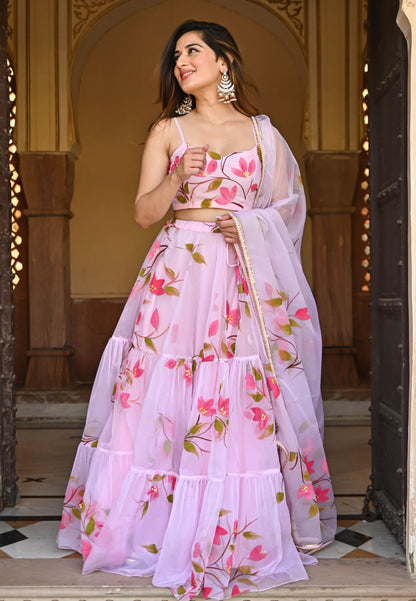 BABY PINK HANDPAINTED ORGANZA LEHENGA SET