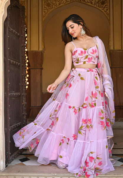 BABY PINK HANDPAINTED ORGANZA LEHENGA SET