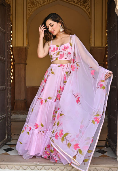 BABY PINK HANDPAINTED ORGANZA LEHENGA SET