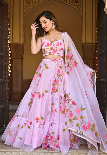 BABY PINK HANDPAINTED ORGANZA LEHENGA SET