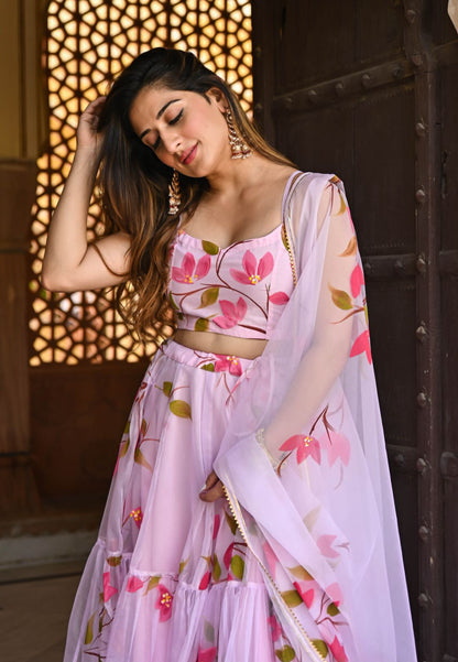 BABY PINK HANDPAINTED ORGANZA LEHENGA SET