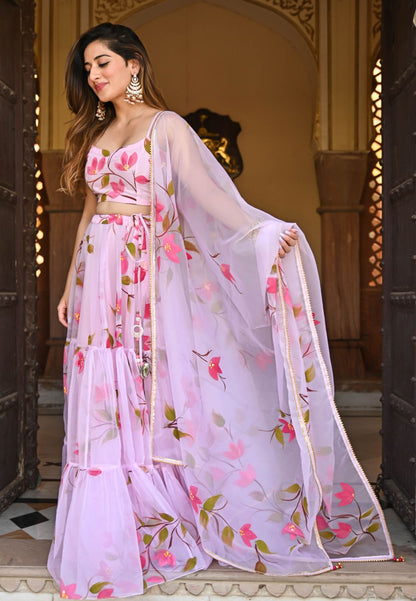 BABY PINK HANDPAINTED ORGANZA LEHENGA SET