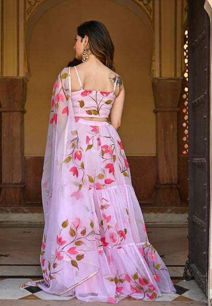 BABY PINK HANDPAINTED ORGANZA LEHENGA SET