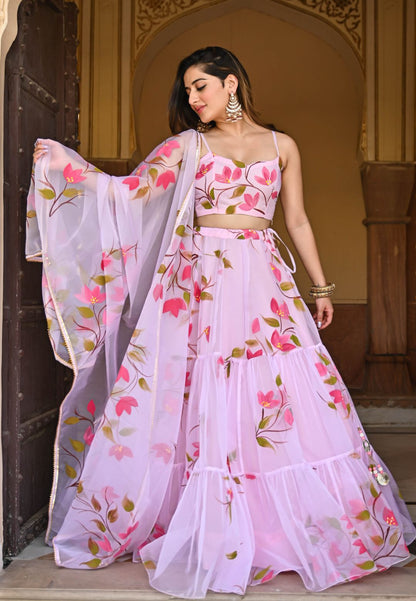 BABY PINK HANDPAINTED ORGANZA LEHENGA SET