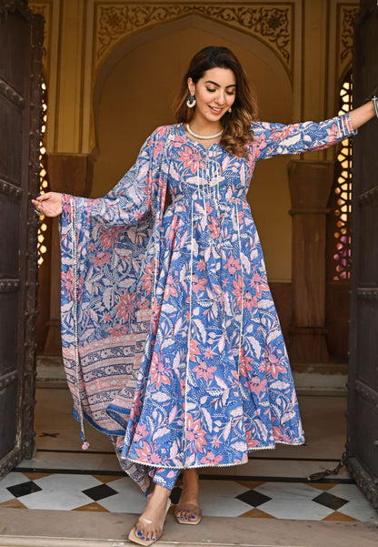 BLUE FLORAL HANDBLOCK PRINTED SUIT SET
