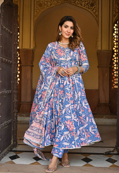 BLUE FLORAL HANDBLOCK PRINTED SUIT SET