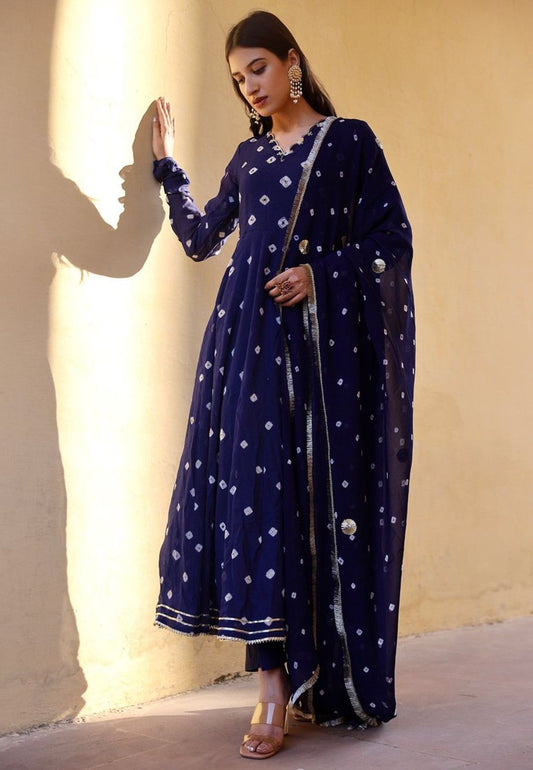 BLUE BANDHEJ GEORGETTE ANARKALI SUIT SET
