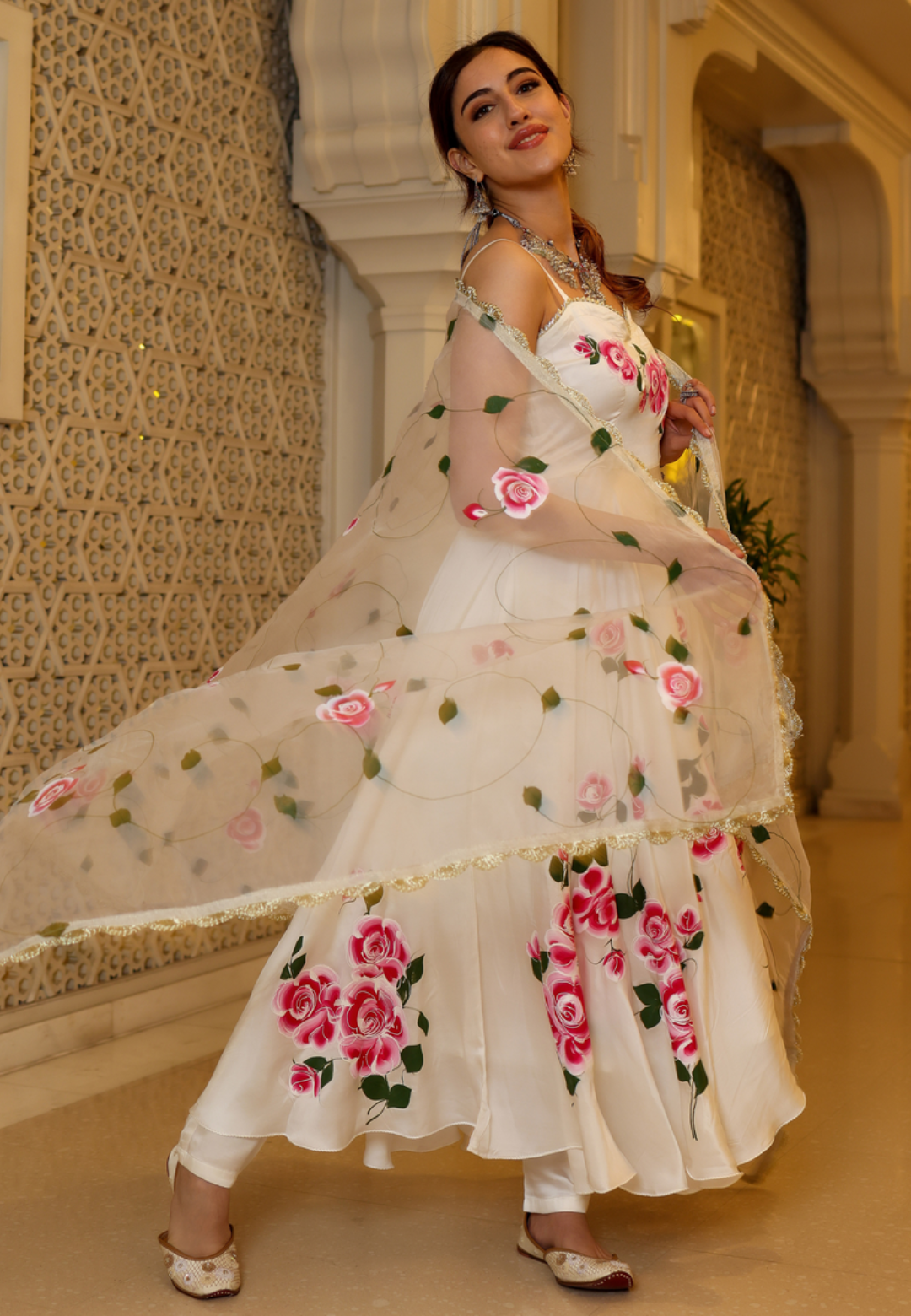 WHITE SATIN HANDPAINTED SUIT SET