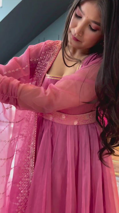 PEACHY PINK ORGANZA ANARKALI SUIT SET