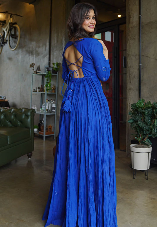 BLUE BACKLESS COTTON ANARKALI DRESS