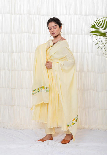 PASTEL YELLOW MUL MUL ANARKALI SUIT SET