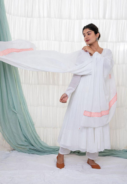 WHITE MULMUL ANARKALI SUIT SET