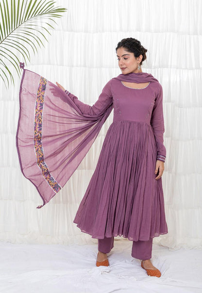 PURPLE LAVENDER MUL MUL ANARKALI SUIT SET
