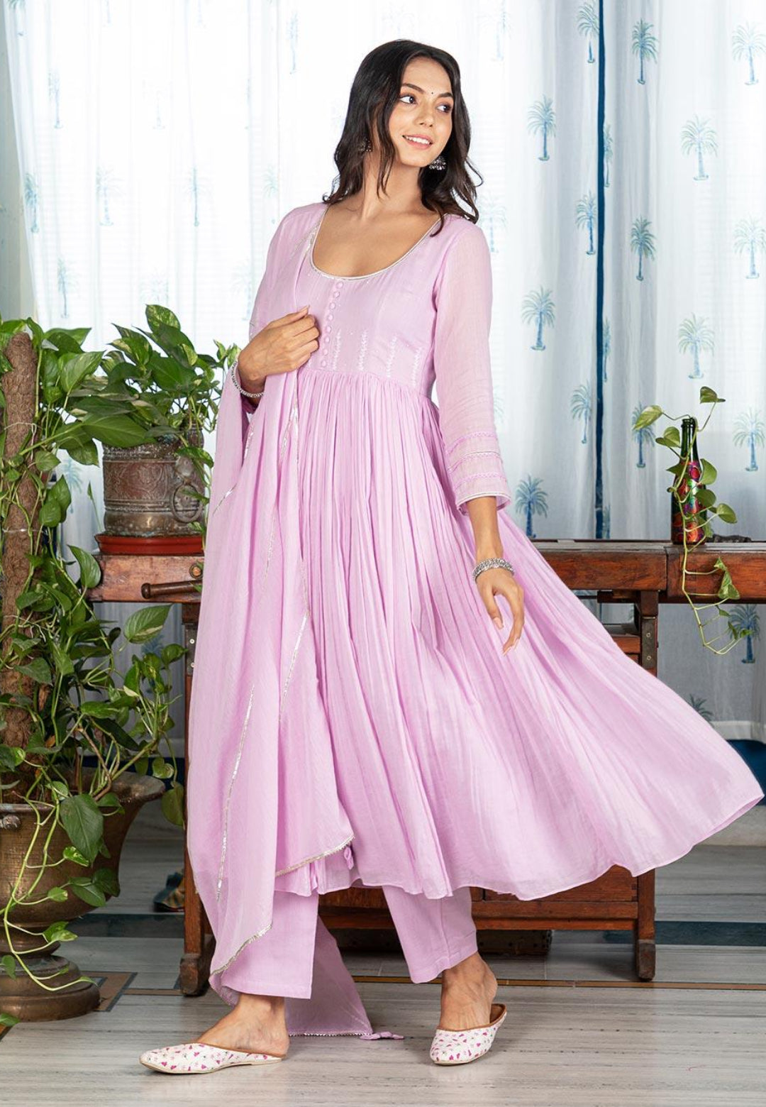 PASTEL LILAC MUL MUL ANARKALI SUIT SET